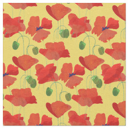Söt Red Fält Poppies on Golden Gult Fabric Tyg