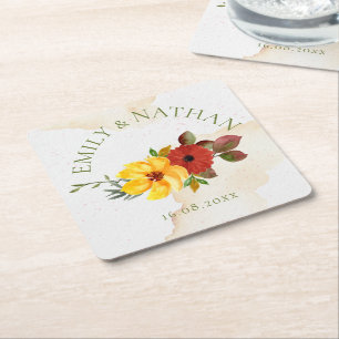 Söt Red Gult Watercolor Rustic Blommigt Bröllop Underlägg Papper Kvadrat
