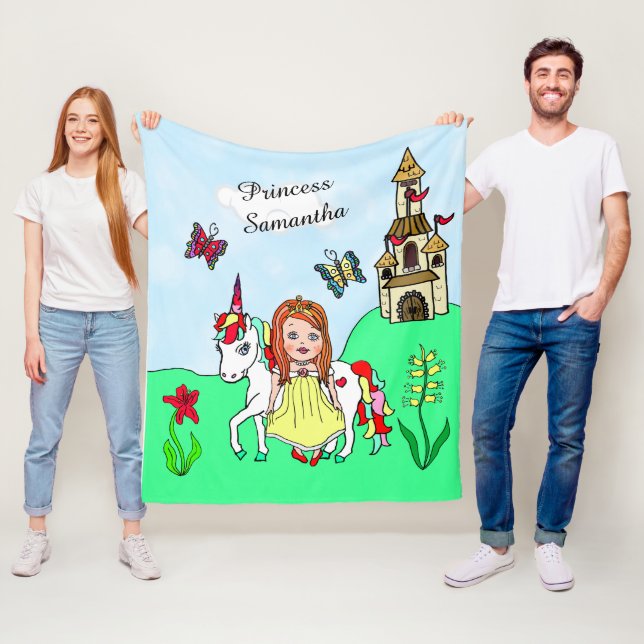 Söt Red Head Princess och Unicorn Fairy Tale Fleecefilt (På plats)