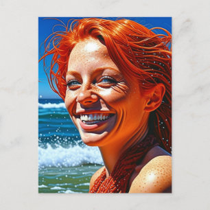 Söt Red Hved Dam vid Beach ai art Vykort