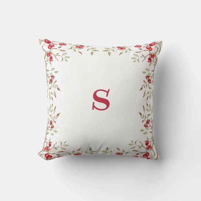 Söt Red Monogram Red Berries Helgdag jul Kudde (Framsida)