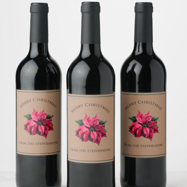 Söt Red Poinsettia Julblunda Anpassat namn Vinflaska Etikett (Skapare uppladdad)