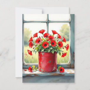 Söt Red Poppies i en Vintage Tin Pot Vykort