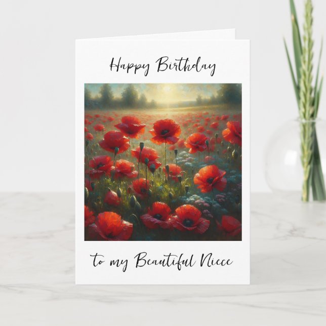 Söt Red Poppy Fält | Niece's Birthday Kort (Framsida)