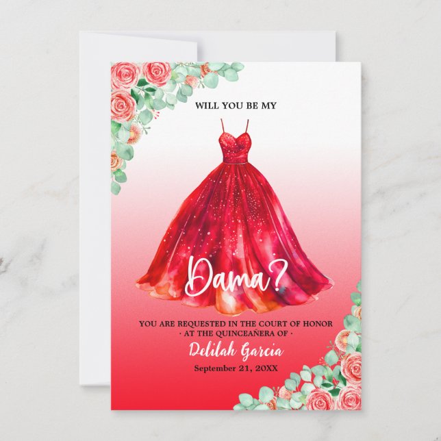 Söt Red Quinceañera Dama Frieri Inbjudningar (Framsida)