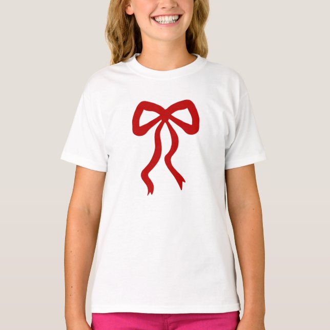 Söt Red Ribbon Bow Festive Girl T Shirt (Framsida)
