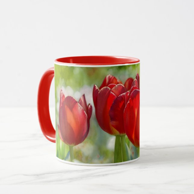 Söt Red Tulip Flowers Art Mugg Kopp (Framsida vänster)