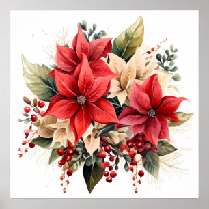 Söt Red Watercolor jul Poinsettia Flowers Poster