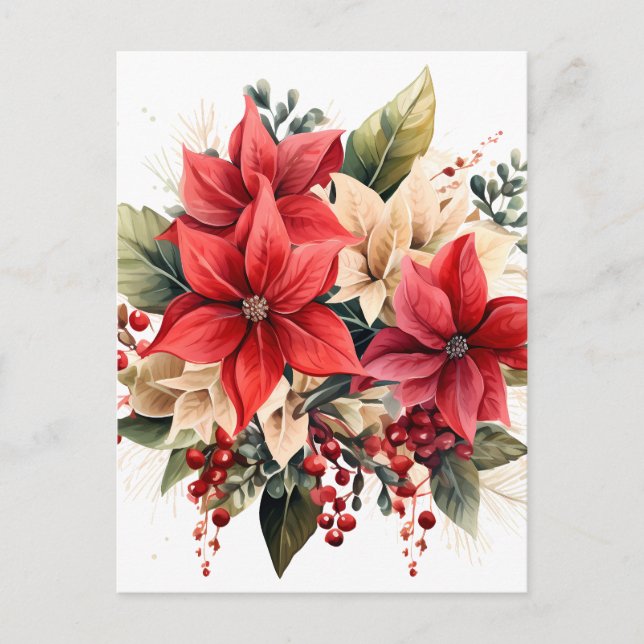Söt Red Watercolor jul Poinsettia Flowers Vykort (Framsida)