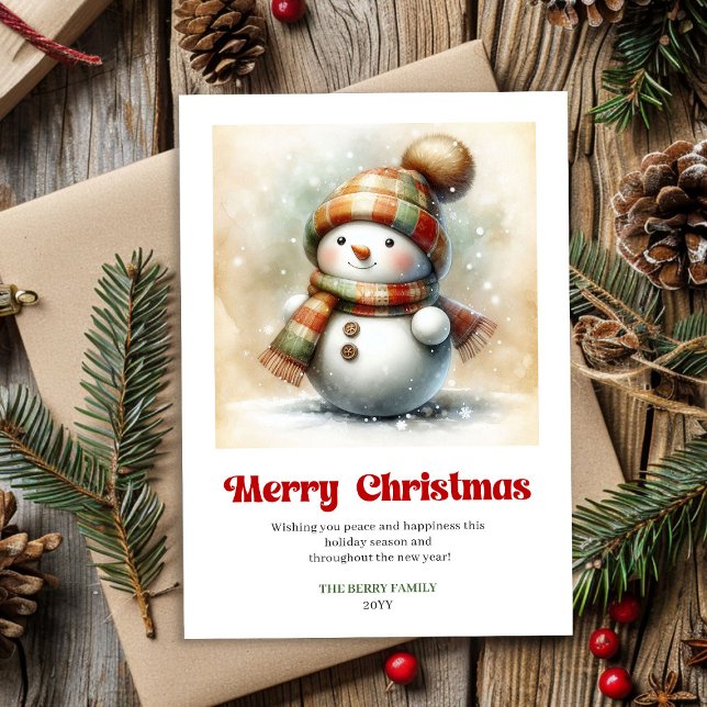 Söt redigerbar jul-snömannen vattenfärgskort julkort (Cute editable Christmas snowman watercolor greeting)