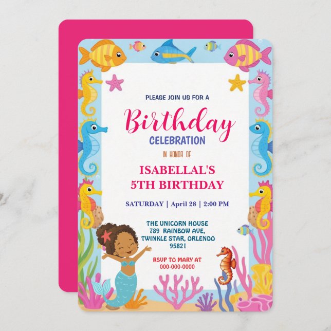 Söt regnbåge Afro-sjöjungfru Havshästfödelsedag Spara Datumet (Fram/baksida)