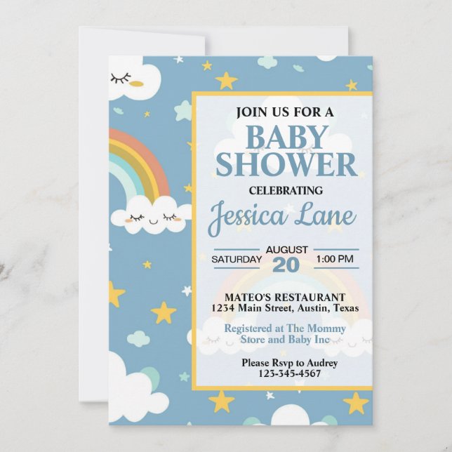 Söt regnbåge baby shower inbjudan (Framsida)