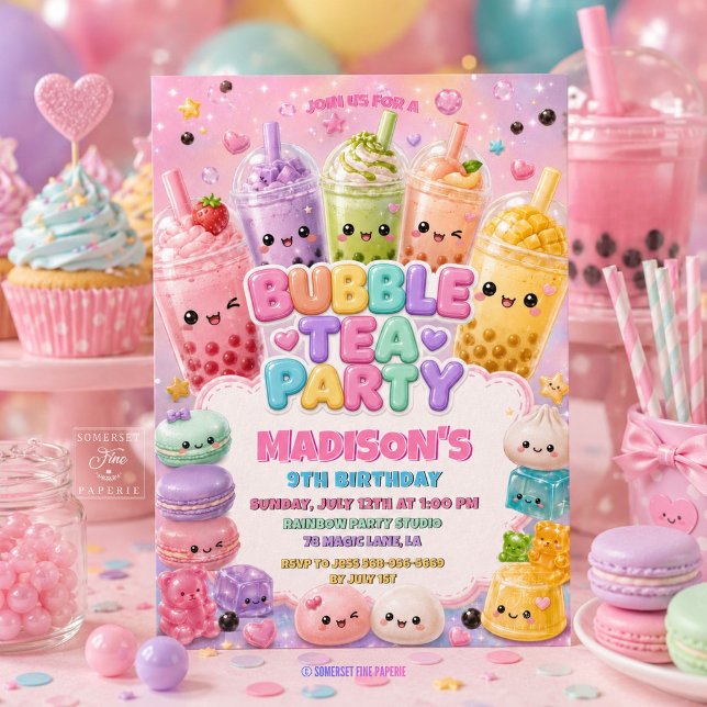 Söt regnbåge bubbel te squishies födelsedagsfest inbjudningar (Cute Rainbow Sparkles Glitter Bubble Tea Squishies Girly Birthday Party Invitation Card)