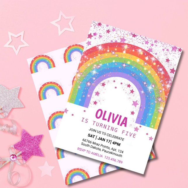 Söt regnbåge glitter gnistrande stjärnor fest inbjudningar (RAINBOW GLITTER SPARKLE STARS BIRTHDAY INVITATION FOR GIRLS)