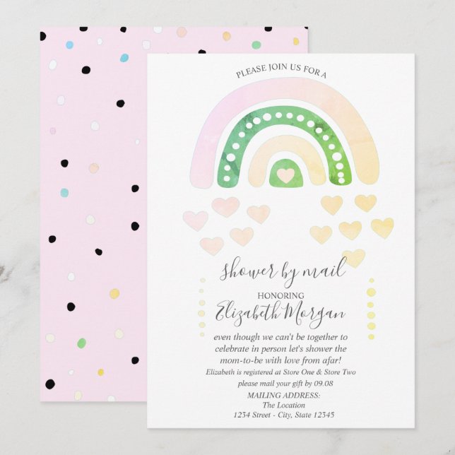 Söt Regnbåge,Hjärtan,Prickar,Baby Shower via Poste Inbjudningar (Fram/baksida)