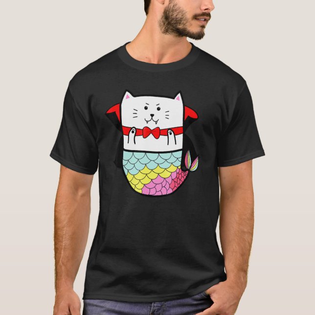 Söt Regnbåge Katt Havsfrö Halloween Vampire Dracul T Shirt (Framsida)