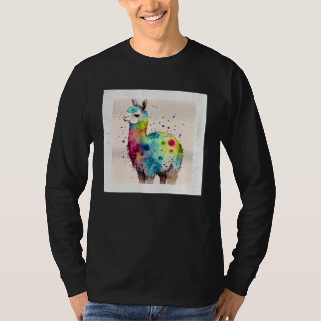 Söt regnbåge lama färgsprut illustration kol t shirt (Framsida)