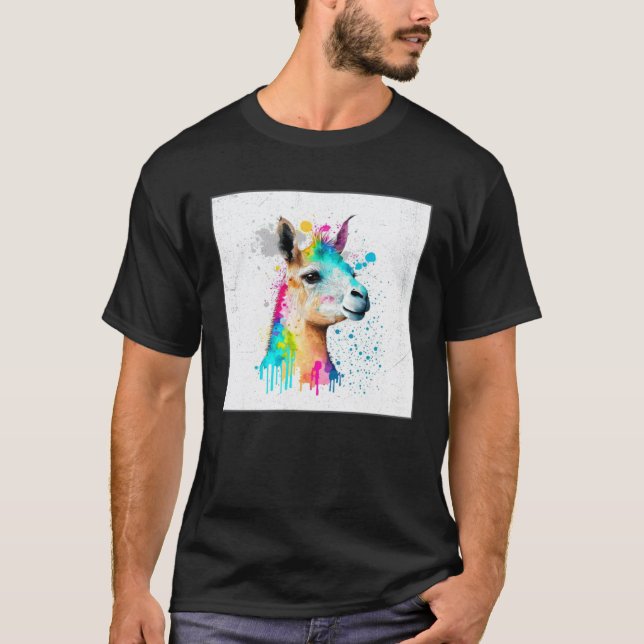 Söt regnbåge lama färgsprut illustration kol t shirt (Framsida)