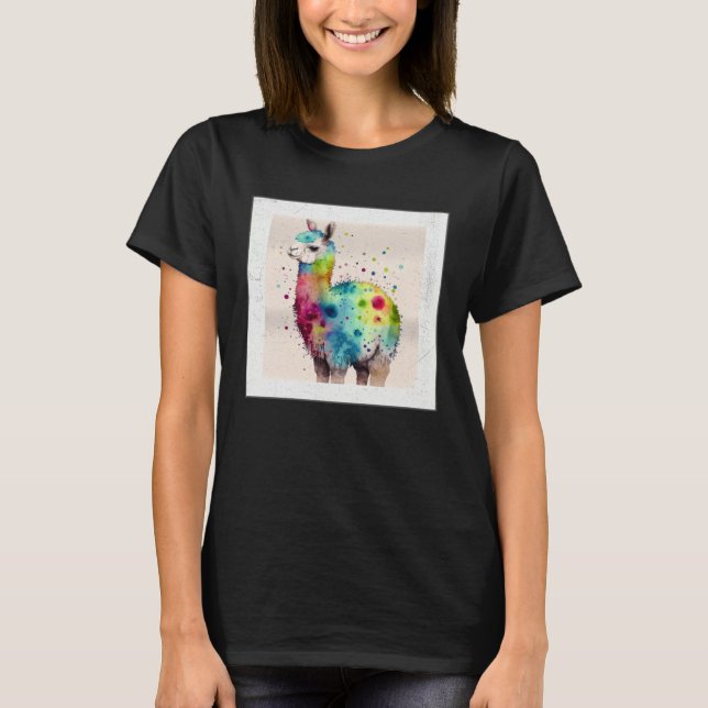 Söt regnbåge lama färgsprut illustration kol t shirt (Framsida)