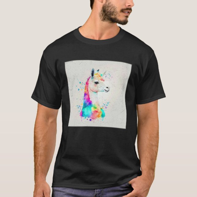Söt regnbåge lama färgsprut illustration kol t shirt (Framsida)