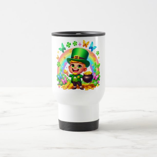 Söt regnbåge leprechaun med guld resemugg (Center)
