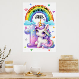 Söt regnbåge och enhörning 1-års födelsedagsfest poster