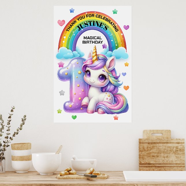 Söt regnbåge och enhörning 1-års födelsedagsfest poster (Kök)