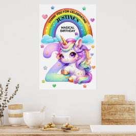 Söt regnbåge och enhörning 2-års födelsedagsfest poster