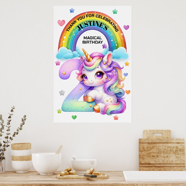 Söt regnbåge och enhörning 2-års födelsedagsfest poster (Kök)