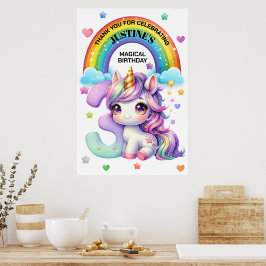 Söt regnbåge och enhörning 3-års födelsedagsfest poster