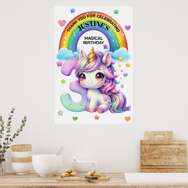 Söt regnbåge och enhörning 3-års födelsedagsfest poster (Kök)