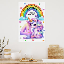Söt regnbåge och enhörning 4-års födelsedagsfest poster