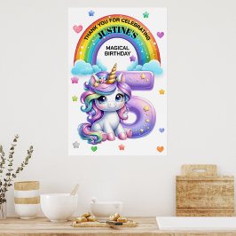 Söt regnbåge och enhörning 5-års födelsedagsfest poster