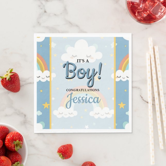 Söt regnbåge och sovande moln baby shower pappersservett (Insitu)