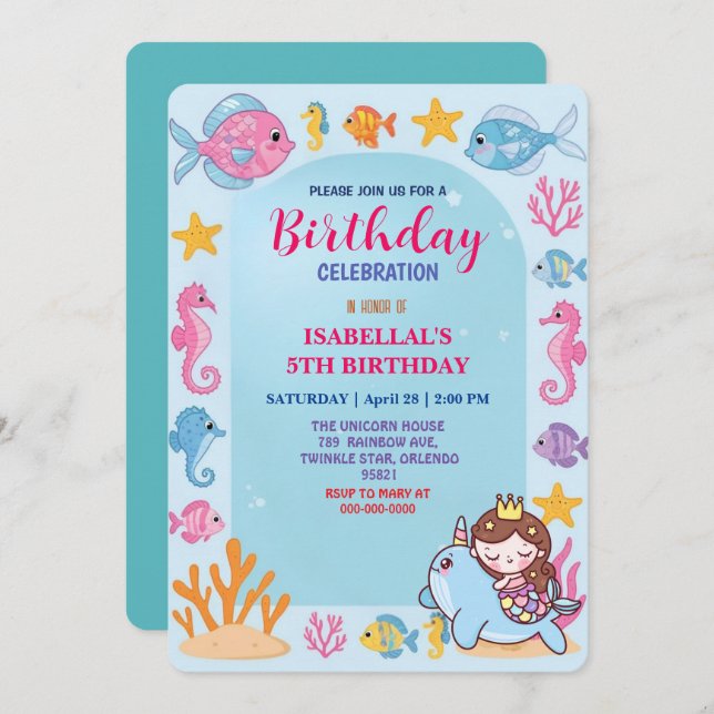 Söt regnbåge sjöjungfru narwhval-enmajsfödelsedag spara datumet (Fram/baksida)