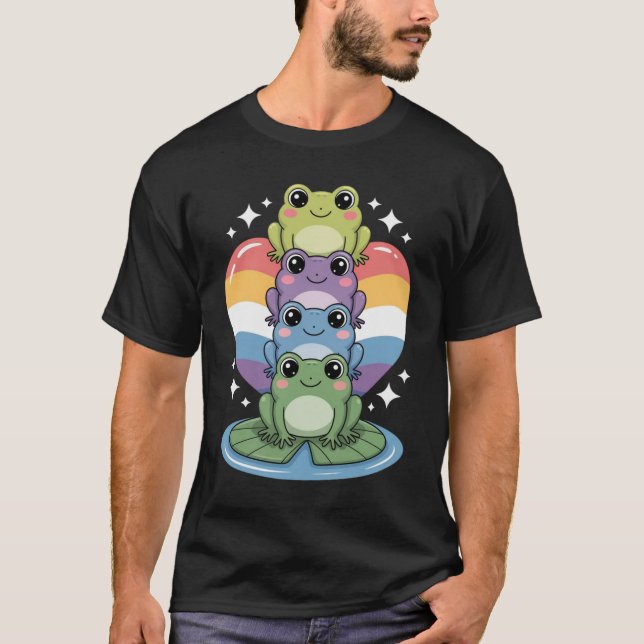 Söt regnbågsgroda Stack  – Kawaii Pride Groda  T Shirt (Framsida)