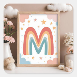 ☁️ Söt regnbågsmonogram M initial design ☁️ Fyrkantigt Klistermärke