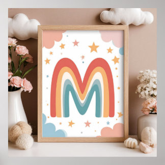 ☁️ Söt regnbågsmonogram M initial design ☁️ Poster