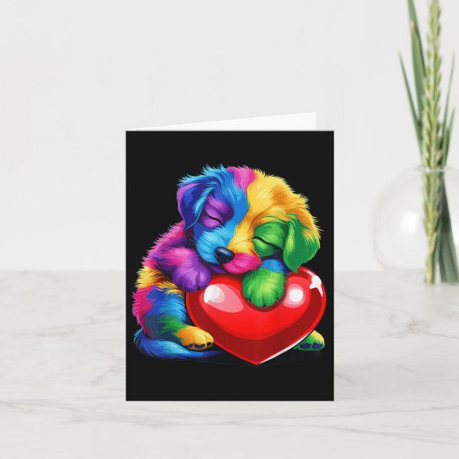 Söt regnbågsvalp som kramar Valentines hjärta barn Kort (Framsida)