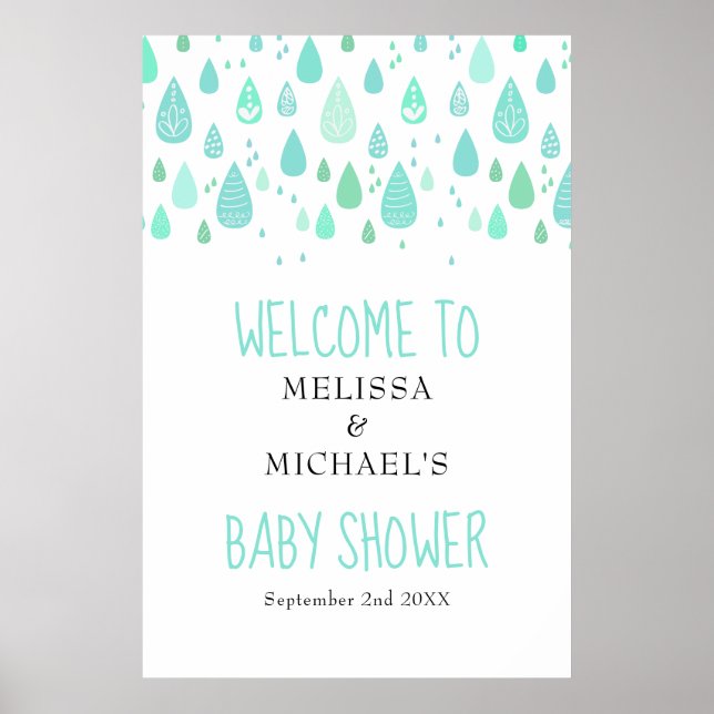 Söt regndroppar baby shower / stänk välkomstskylt poster (Framsidan)
