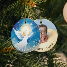 Söt religiös vårdande ängel vattenfärg foto julgransprydnad keramik