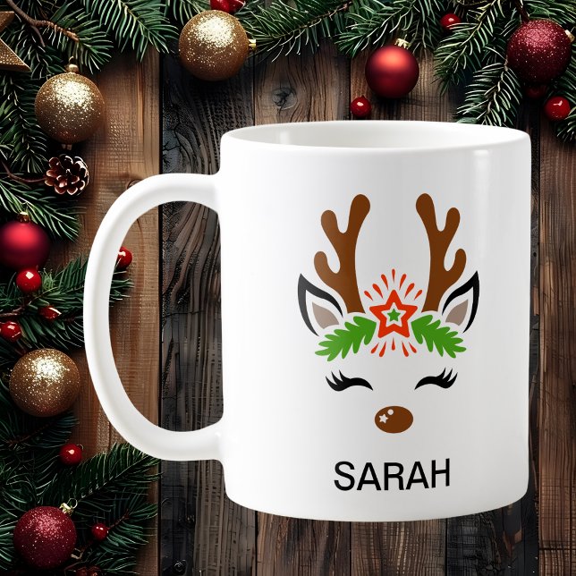 Söt ren ansikte anpassat namn semester kaffemugg (Cute Reindeer Face Custom Name Holiday Coffee Mug
)
