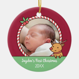 Söt Ren Doodle Bebis Första Julen Foto Julgransprydnad Keramik