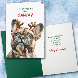 Söt Ren Franskt Bulldog Hund Letar Efter Tomte Helgkort