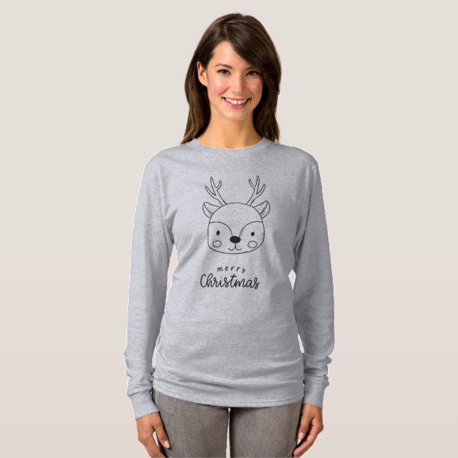Söt Ren Glad Jul Linjekonst T Shirt (Hel framsida)