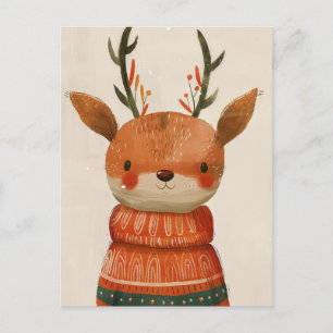 Söt ren i ful jultröja Vattenfärg jul Vykort