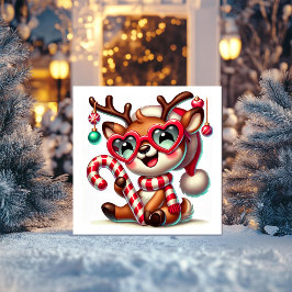 Söt ren i randig scarf och godisstav julkort