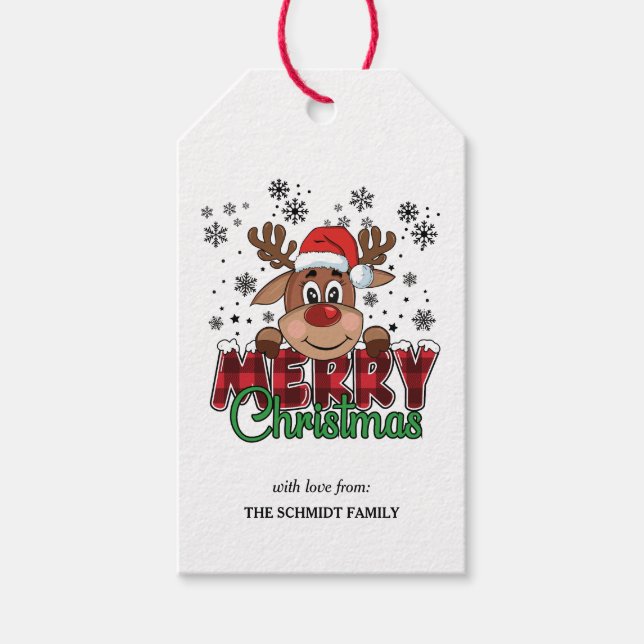 Söt ren i tomteluva | God jul  Presentetikett (Framsidan)