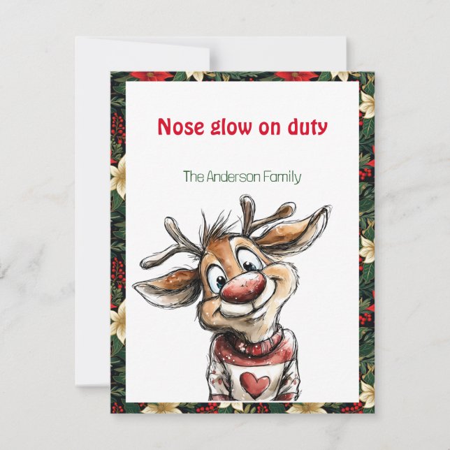 Söt ren jul önskar röd retro julkort (Framsida)