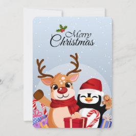 Söt ren & pingvin med julklappar julkort